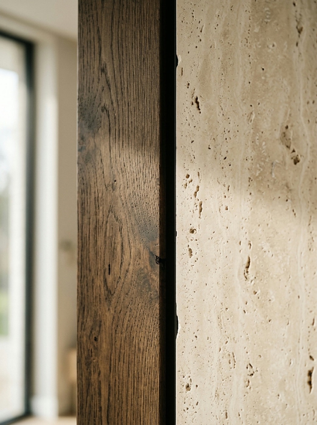A shadow groove where dark timber meets travertine