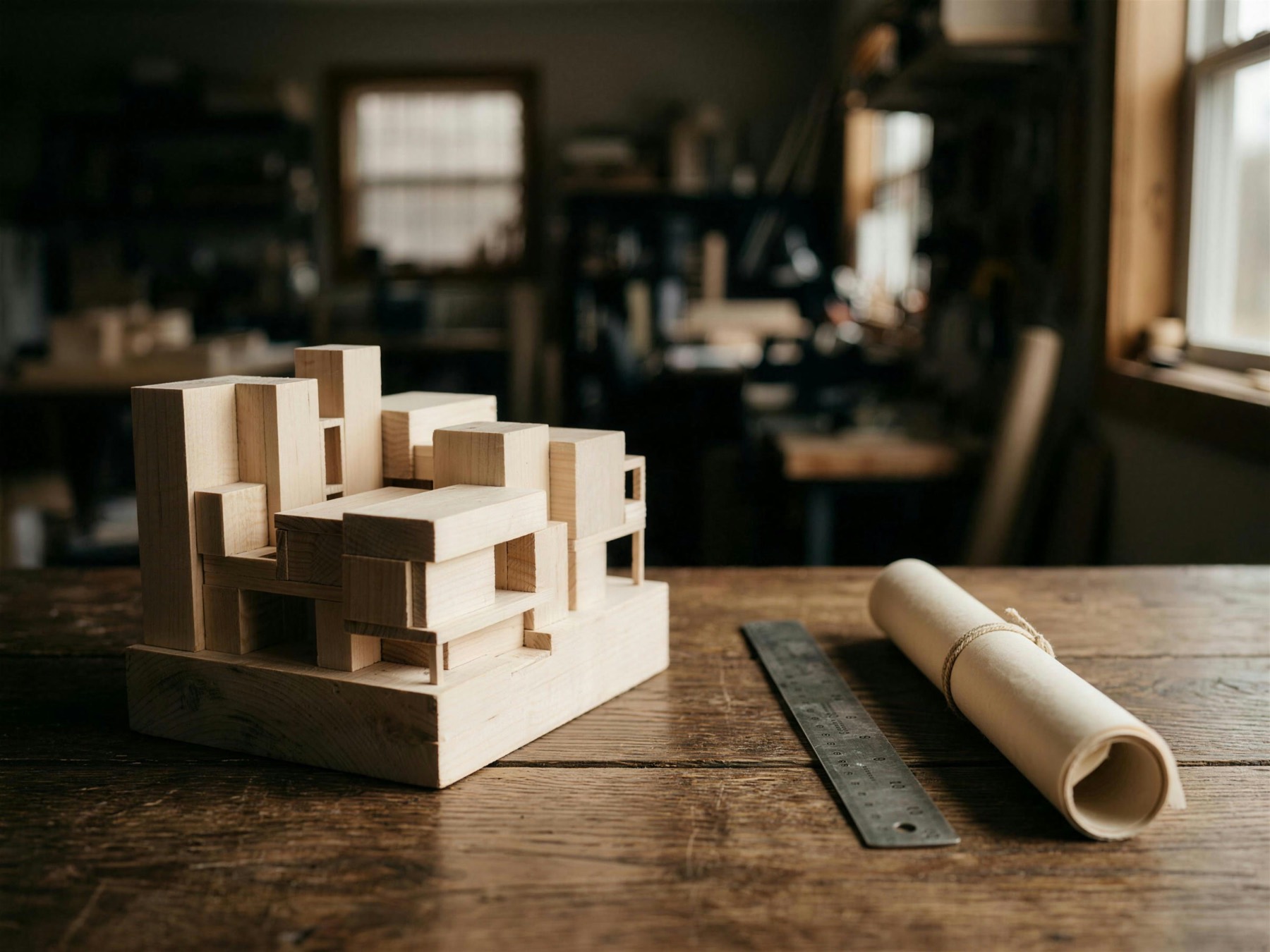 A wooden study model on a workbench in window light
